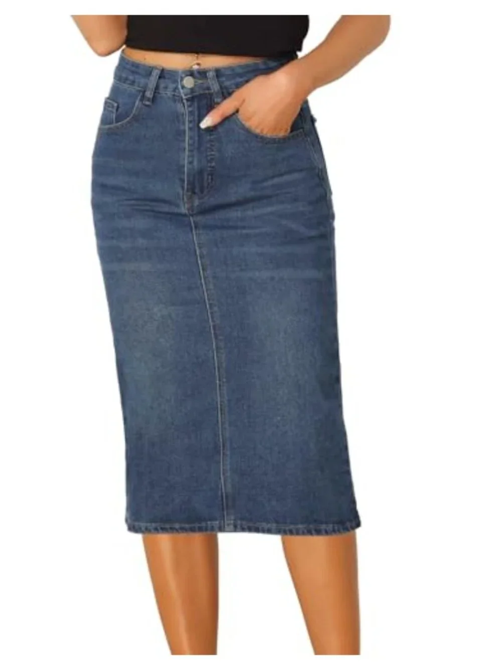 High Waist Midi Denim Skirt Stretchy Jean Skirt with Pockets and Back Split